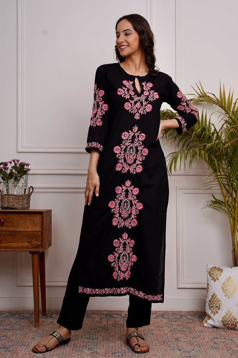 Saba Chikankari Long Kurti in Cotton - Black