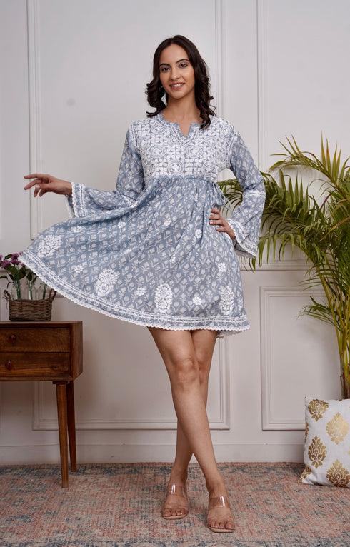 Saba Chikankari Dress in Mul cotton -Blue