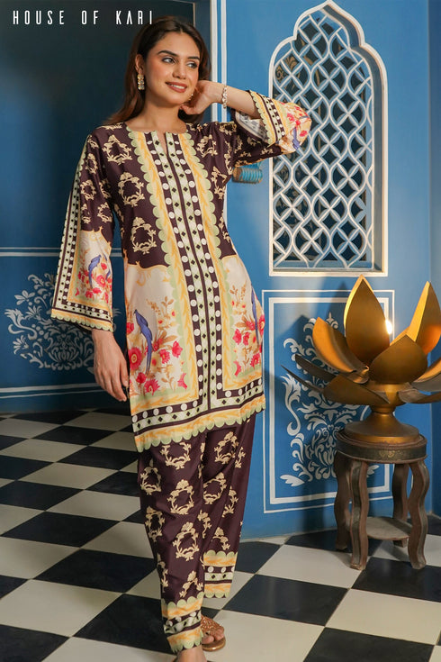 Printkari Poly Muslin Co-ord set in Brown Mulicolour
