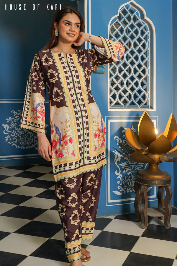 Printkari Poly Muslin Co-ord set in Brown Mulicolour