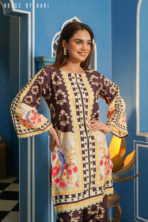 Printkari Poly Muslin Co-ord set in Brown Mulicolour