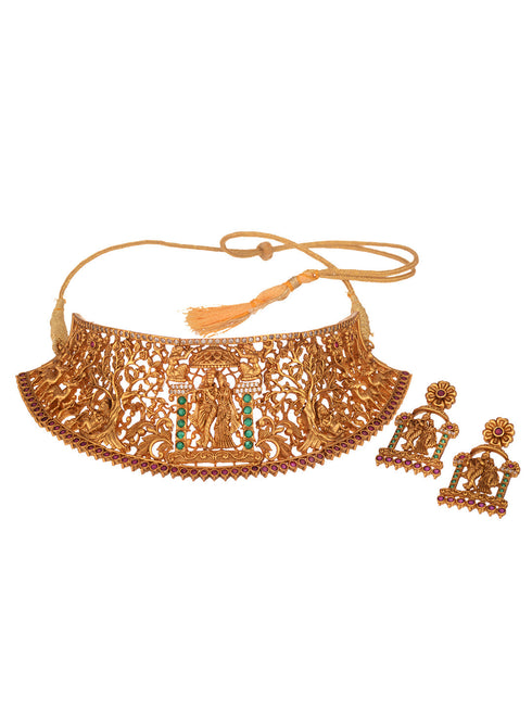 GoldPlated Green AD Studded Radha Krishna Temple Jewellery Set