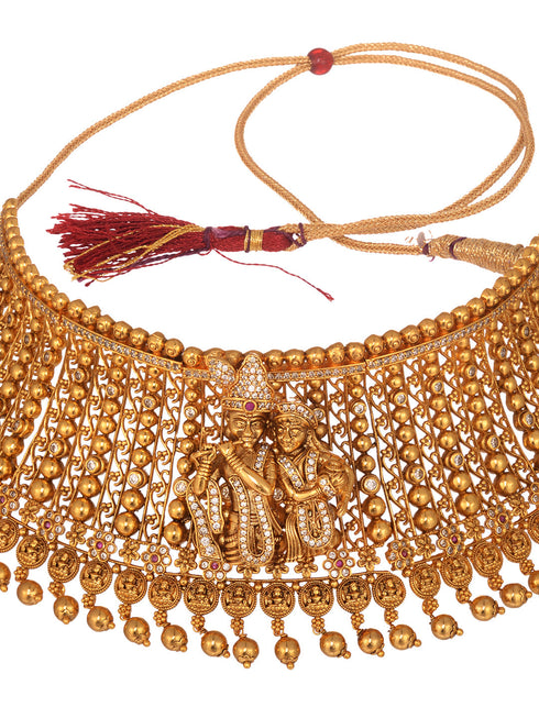 GoldPlated White AD Embellished Temple Radhe Krishna Choker Jewellery Set