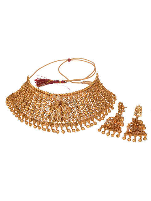 GoldPlated White AD Embellished Temple Radhe Krishna Choker Jewellery Set