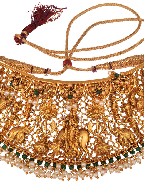 GoldPlated AD Embellished Enchanting Krishna Temple Choker Jewellery Set