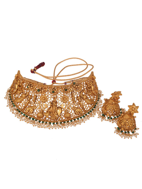 GoldPlated AD Embellished Enchanting Krishna Temple Choker Jewellery Set