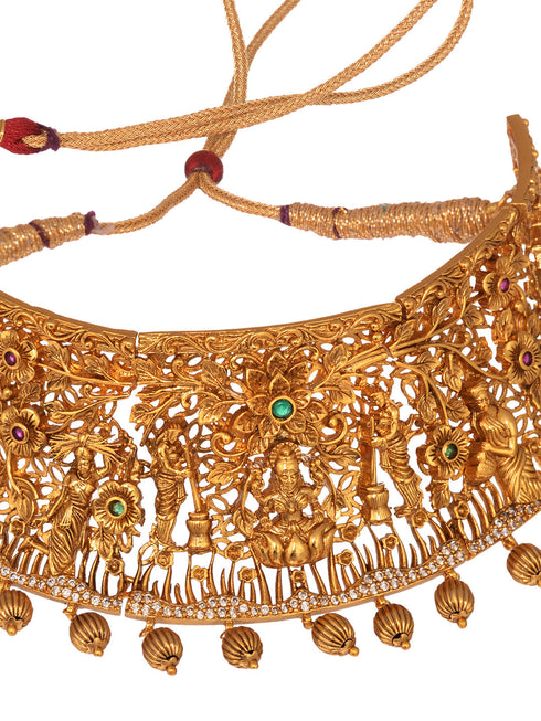 GoldPlated Green AD Embellished Shri Lakshmi Temple Choker Jewellery Set