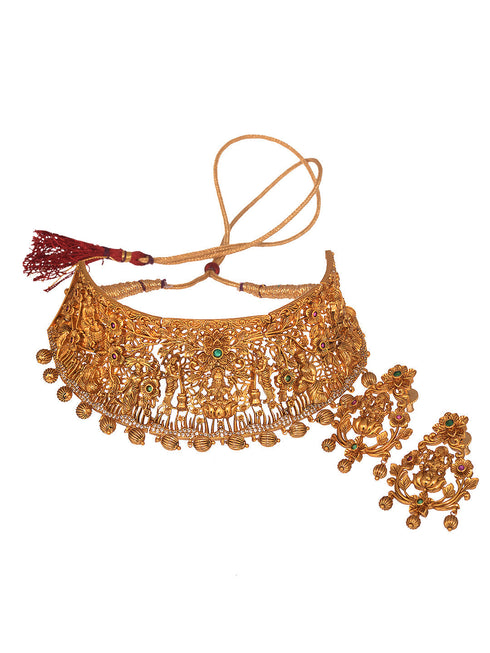 GoldPlated Green AD Embellished Shri Lakshmi Temple Choker Jewellery Set