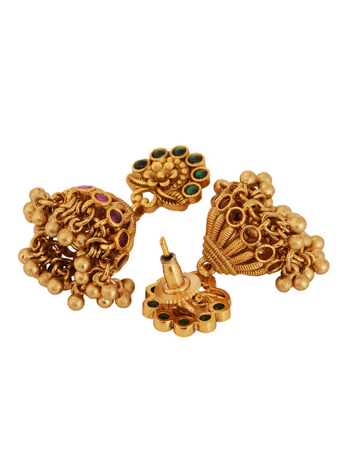 Gold Plated Green AD Embellished Pendant Temple Jewellery Set