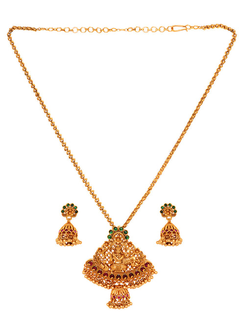 Gold Plated Green AD Embellished Pendant Temple Jewellery Set