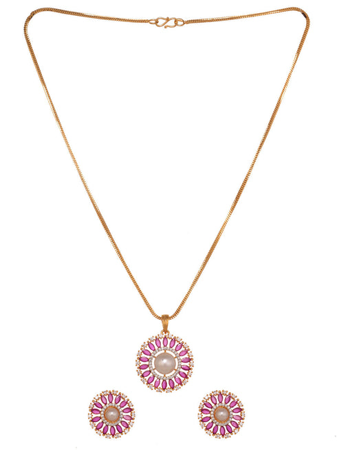Women Pink & White Gold Plated AD & Pearl Studded Jewellery Set