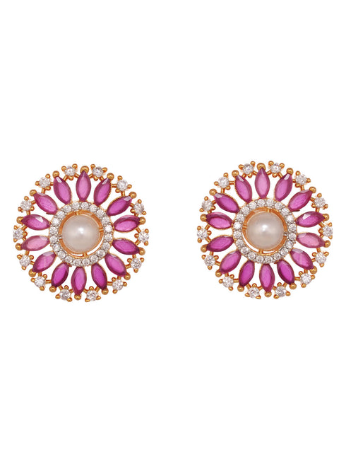 Women Pink & White Gold Plated AD & Pearl Studded Jewellery Set