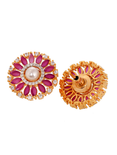 Women Pink & White Gold Plated AD & Pearl Studded Jewellery Set