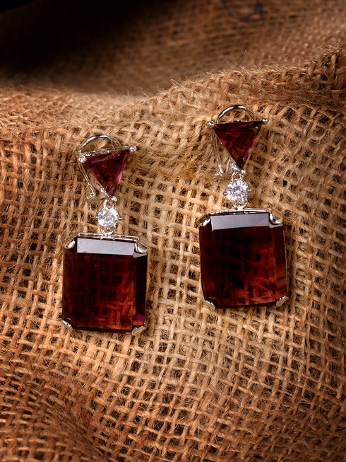 SilverPlated Maroon Faux Glass Studded Geometric Drop Earrings