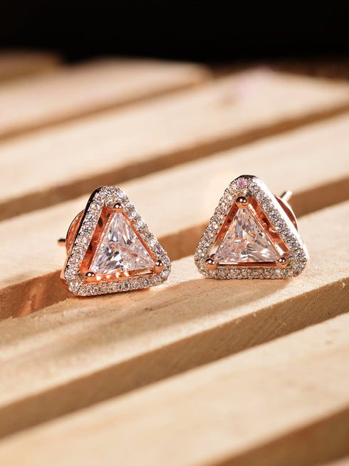 Rose Gold Plated White AD Studded Triangular Studs Earrings