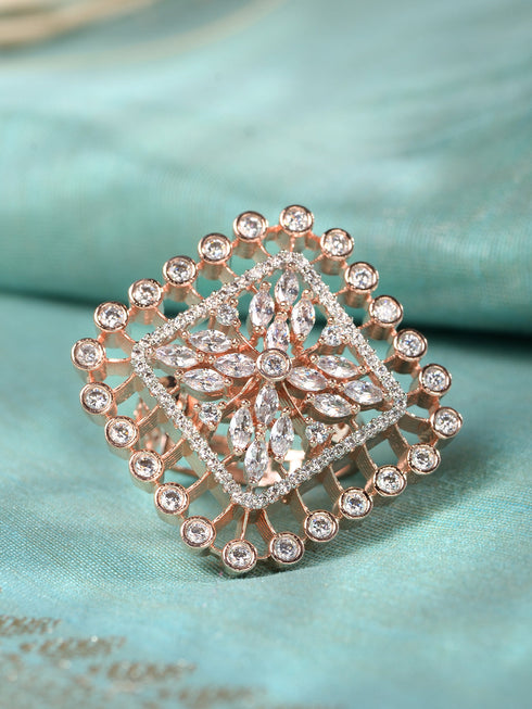 Rose GoldPlated White ADStudded Adjustable Finger Ring