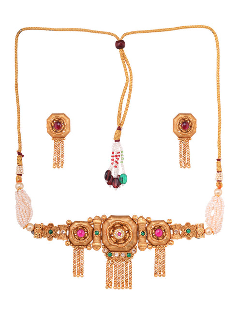 Women GoldPlated Red KempStudded Temple Jewellery Set