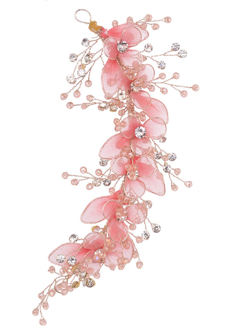 Gold Toned & Pink Stocking Flowers Beaded Tiara Hair Accessory