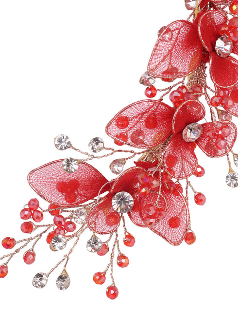 Gold Toned & Red Stocking Flowers Beaded Tiara Hair Accessory