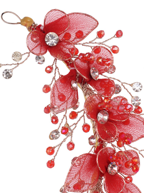 Gold Toned & Red Stocking Flowers Beaded Tiara Hair Accessory