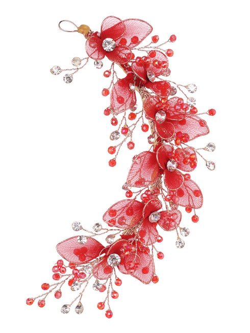 Gold Toned & Red Stocking Flowers Beaded Tiara Hair Accessory