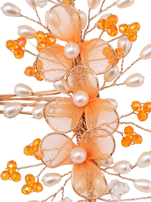 Gold Toned & Orange Stocking Flowers Beaded Hair Accessory