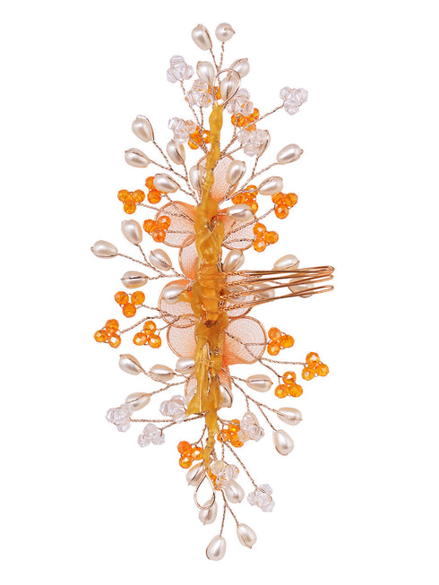 Gold Toned & Orange Stocking Flowers Beaded Hair Accessory