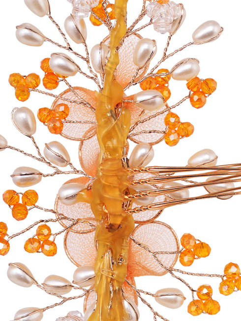 Gold Toned & Orange Stocking Flowers Beaded Hair Accessory