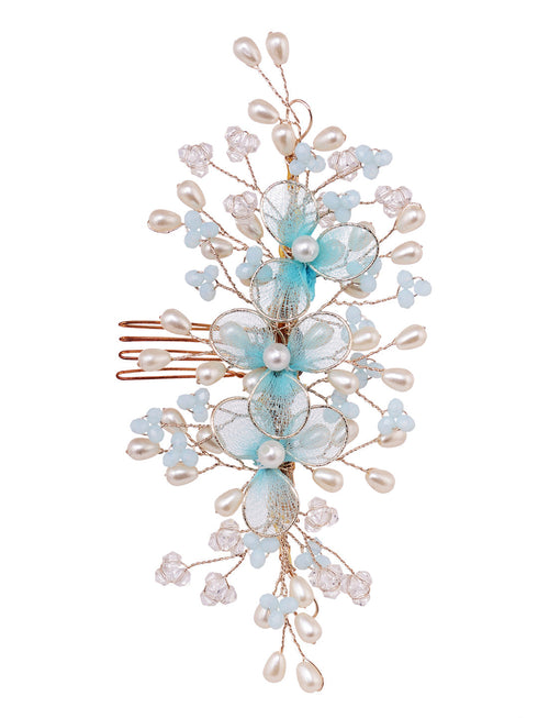 Silver Toned & Blue Stocking Flowers Beaded Hair Accessory
