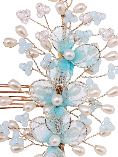 Silver Toned & Blue Stocking Flowers Beaded Hair Accessory