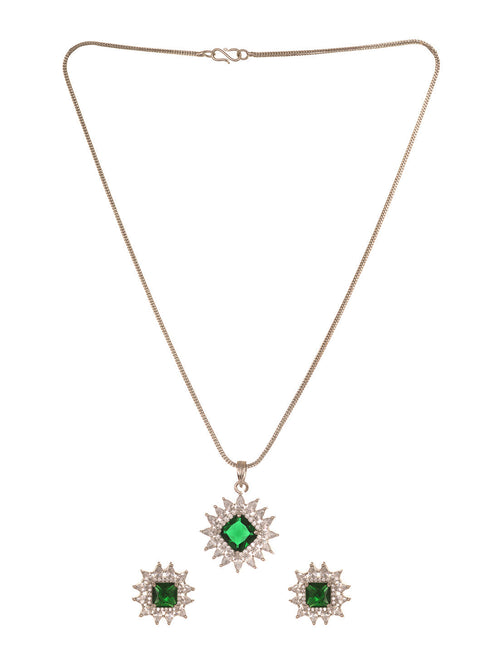 Silver Plated Green AD Minimal Locket Jewellery Set