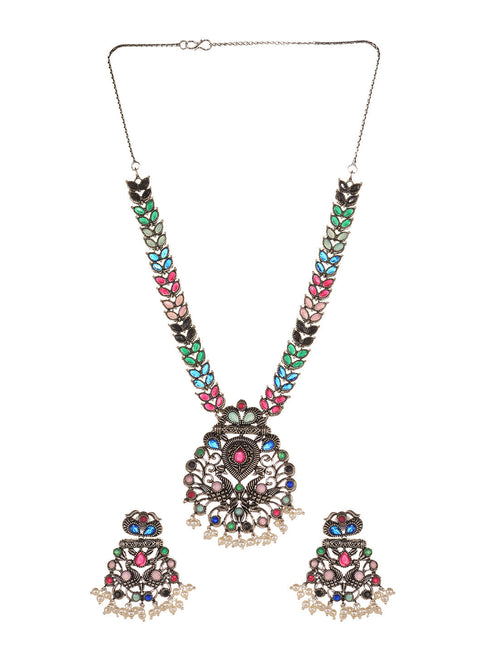 Silver Oxidised Multi stone studded Navratan Statement Necklace Jewellery Set