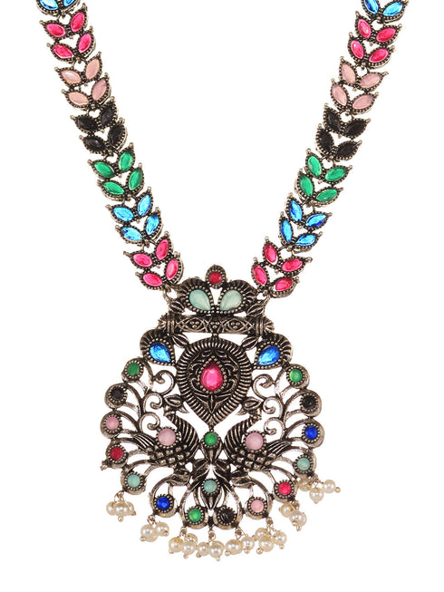 Silver Oxidised Multi stone studded Navratan Statement Necklace Jewellery Set