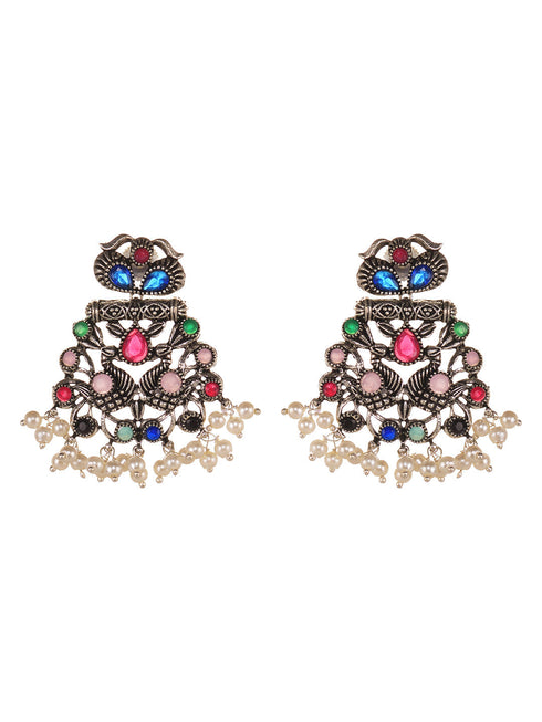 Silver Oxidised Multi stone studded Navratan Statement Necklace Jewellery Set