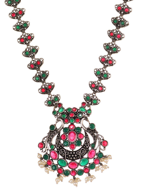 Oxidised Green stone studded Peacock Design Necklace Jewellery Set