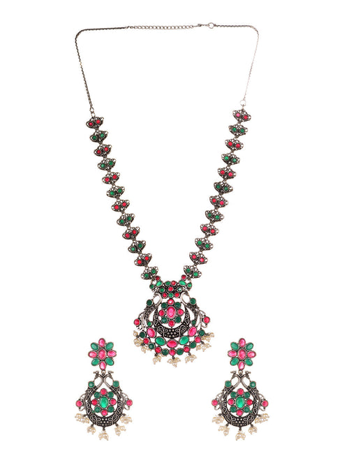 Oxidised Green stone studded Peacock Design Necklace Jewellery Set