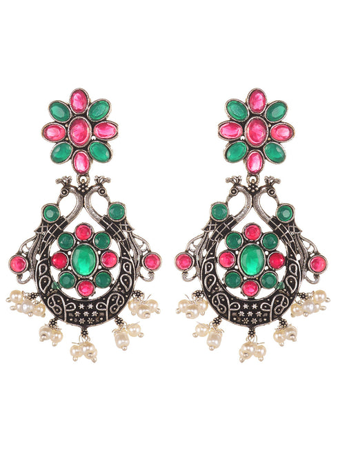 Oxidised Green stone studded Peacock Design Necklace Jewellery Set