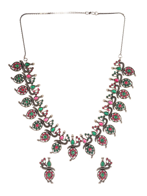 Silver Oxidised Green stone studded Peacock Choker Necklace Jewellery Set