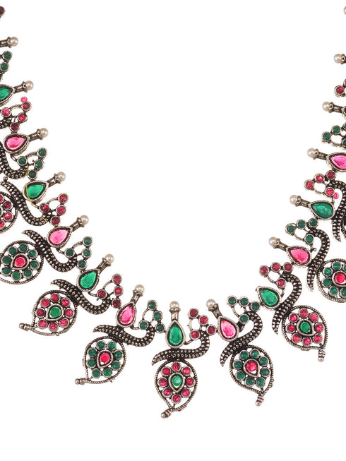 Silver Oxidised Green stone studded Peacock Choker Necklace Jewellery Set