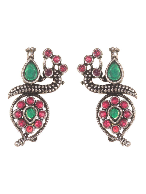 Silver Oxidised Green stone studded Peacock Choker Necklace Jewellery Set