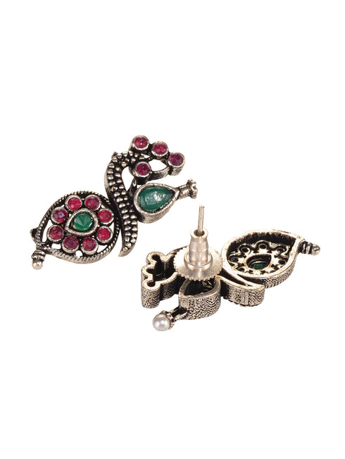 Silver Oxidised Green stone studded Peacock Choker Necklace Jewellery Set