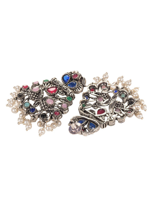Silver Oxidised Multi stone studded Navratan Statement Necklace Jewellery Set