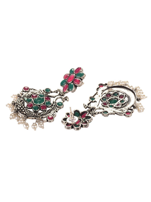 Oxidised Green stone studded Peacock Design Necklace Jewellery Set