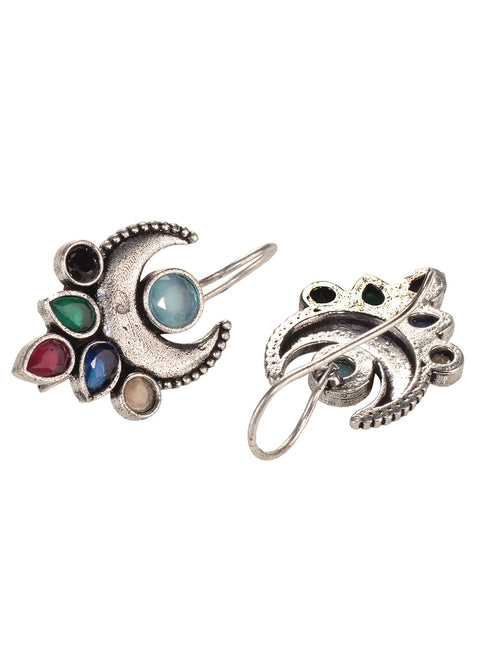 Siver Oxidised Multi stone studded Navratan Hook Earring