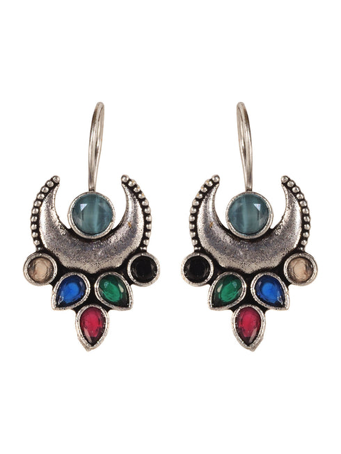 Siver Oxidised Multi stone studded Navratan Hook Earring