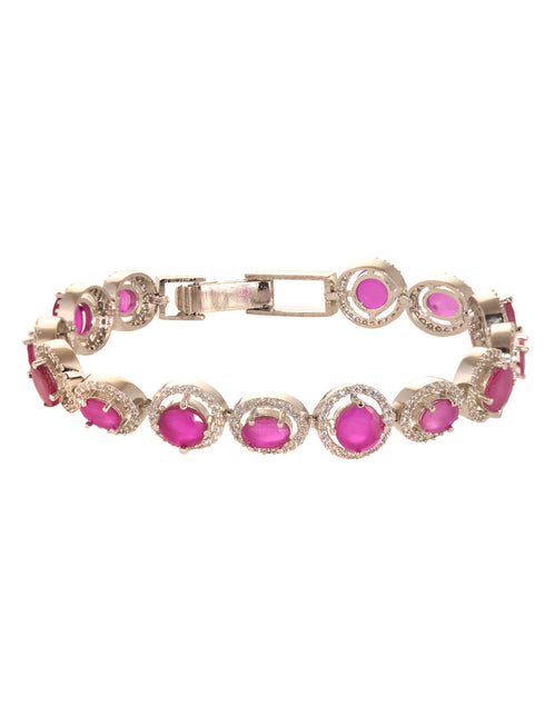 White Silver Plated Red Oval AD Studded Link TennisBracelet