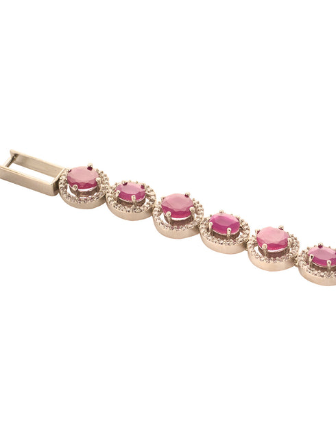 White Silver Plated Red Oval AD Studded Link TennisBracelet