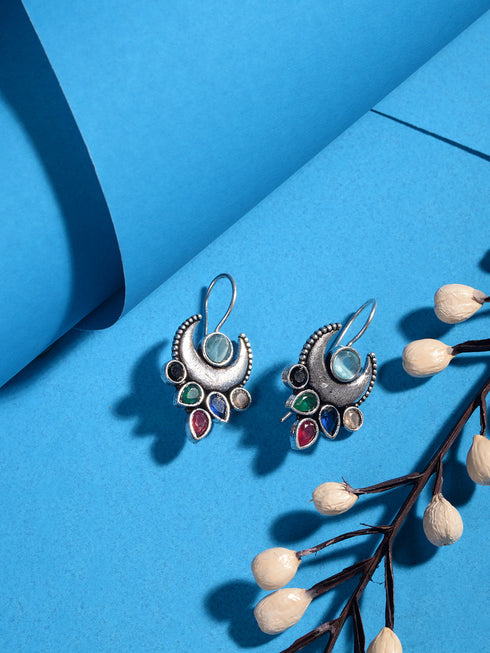 Siver Oxidised Multi stone studded Navratan Hook Earring