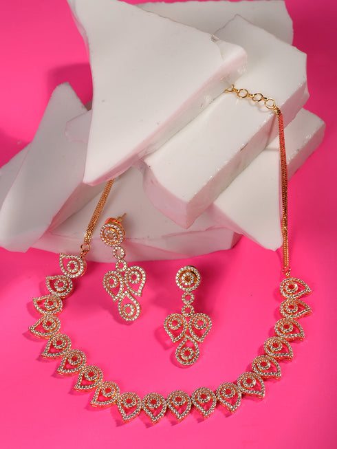 Gold Toned AD Designer Minimal Necklace Jewellery Set