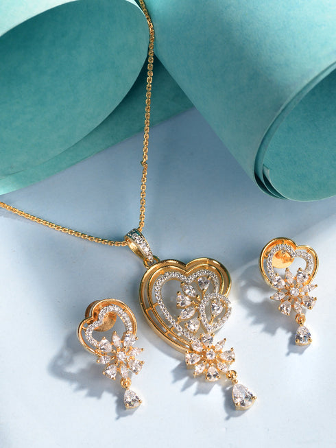 Gold Toned AD Heart Shaped Designer Locket Jewellery Set